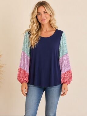 Raw Edge Boho Minimalist Navy Balloon Sleeve Blouse with Printed Panels